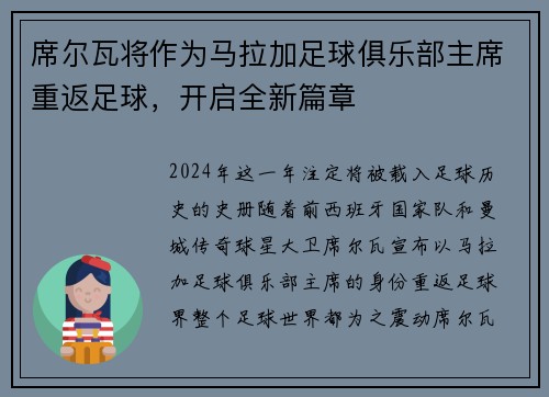 席尔瓦将作为马拉加足球俱乐部主席重返足球，开启全新篇章