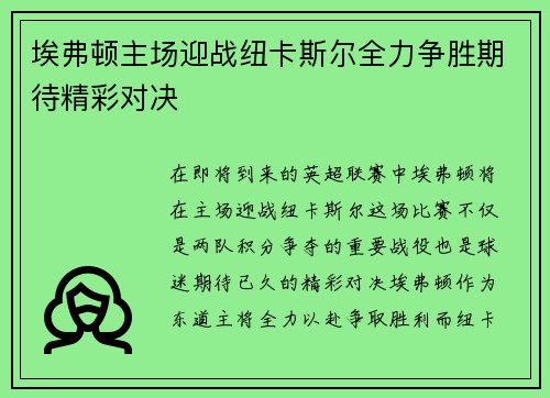 埃弗顿主场迎战纽卡斯尔全力争胜期待精彩对决